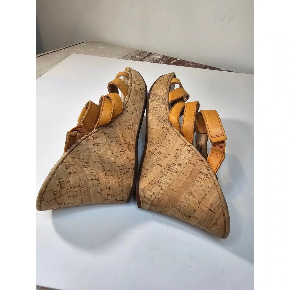 Born Mustard Yellow color Leather Cork Strappy Wedge Sandals Womens 8